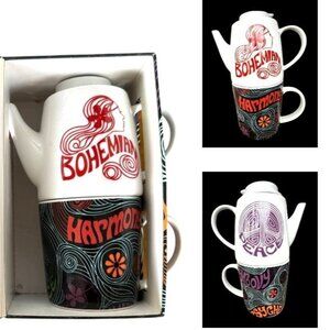 Tea for One Tea Pot Cup Set Stackable Bohemian Harmony Peace Gift Hippie Boxed